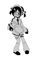  1girl apron choker detached_sleeves dress eyepatch full_body gosari_draw greyscale hair_ornament highres looking_at_viewer loose_socks maid_apron maid_headdress monochrome original rabbit_hair_ornament short_twintails skull sleeves_past_wrists socks solo twintails 