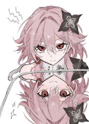  1girl black_flower earrings evernight_(honkai:_star_rail) flower hair_flower hair_ornament highres honkai:_star_rail honkai_(series) it's_all_a_matter_of_angle_(meme) jewelry looking_at_viewer march_7th_(honkai:_star_rail) meme mirror pink_hair red_eyes reflection sidelocks single_bare_shoulder single_earring smile solo umumum_94 white_background 