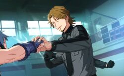  2boys black_gloves black_necktie brown_eyes brown_hair clenched_hand clenched_hands extra_arms fingerless_gloves fist_bump game_cg gloves grey_shirt happy_elements helios_rising_heroes highres indoors jay_kidman long_sleeves male_focus multiple_boys necktie non-web_source official_art shirt sleeveless smile teeth upper_body upper_teeth_only window 