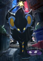  alley art_eichi black_fur blue_fur closed_mouth colored_sclera commentary_request dark_alleyway grimer gulpin highres luxray manhole_cover neon_lights night no_humans outdoors pikachu pokemon pokemon_(creature) pokemon_focus rain red_sclera sharp_teeth sky smile tail teeth traffic_cone trash trubbish yellow_eyes 