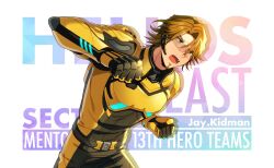  1boy brown_eyes brown_hair character_name clenched_hands copyright_name facial_hair fighting_stance game_cg goatee happy_elements headset helios_rising_heroes highres jay_kidman male_focus non-web_source official_art open_mouth solo 