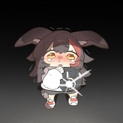  1girl :3 black_background black_hair black_shorts cocomayo29_(tomato) commentary crying crying_with_eyes_open holding hololive long_hair looking_at_viewer ookami_mio ookami_mio_(hoodie) shorts simple_background solo tears untranslatable_commentary virtual_youtuber yellow_eyes 