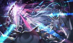  1girl absurdres aemeath_(wuthering_waves) arm_up bare_shoulders boots breasts chinese_commentary closed_mouth commentary_request energy_sword full_body hair_ornament hand_up high_heel_boots high_heels high_ponytail highres large_breasts late-yesterday leotard long_hair looking_up mole mole_on_shoulder orange_eyes pink_hair ponytail see-through_clothes see-through_skirt showgirl_skirt skirt solo sword thigh_strap weapon white_leotard wuthering_waves 