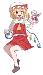  1girl ascot blonde_hair blush bright_pupils brown_shoes collared_shirt commentary_request crystal_wings double-parted_bangs fang flandre_scarlet full_body hair_between_eyes hand_puppet hat hat_ribbon highres invisible_chair izayoi_sakuya mob_cap multicolored_wings one_side_up open_mouth puppet red_eyes red_hat red_ribbon red_skirt red_vest remilia_scarlet ribbon shirt shoes short_hair short_sleeves simple_background sitting skirt skirt_set slit_pupils socks solo soooooook2 touhou vest white_background white_hat white_pupils white_shirt white_socks wings yellow_ascot 