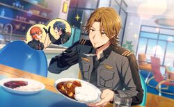  3boys billy_wise black_gloves black_necktie breast_pocket brown_eyes brown_hair curry facial_hair food game_cg gloves goatee gray_reverse happy_elements helios_rising_heroes highres holding holding_spoon indoors jay_kidman male_focus multiple_boys necktie non-web_source official_art plate pocket rice shirt smile spoon table 