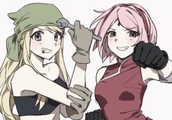  bandana bare_shoulders black_gloves blonde_hair blue_eyes blush brown_gloves clenched_hands crop_top crossover facial_mark forehead_mark fullmetal_alchemist gloves green_bandana hairband haruno_sakura holding holding_wrench kkkallao long_hair looking_at_viewer naruto:_the_last naruto_(series) pink_hair red_hairband red_shirt screw screw_in_mouth shirt short_hair sleeveless sleeveless_shirt teeth white_background winry_rockbell wrench 