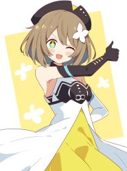  +_+ 1girl :d absurdres aogiri_koukou bare_shoulders black_gloves black_hat blue_eyes blush border brown_hair commentary_request cowboy_shot dot_nose dress elbow_gloves gloves hand_on_own_hip hand_up hat highres kurikoma_komaru looking_at_viewer open_mouth outside_border short_hair sleeveless sleeveless_dress smile solo thumbs_up v-shaped_eyebrows white_border yellow_background yellow_dress zungurimukkuri_tarou 
