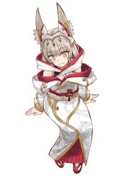  1girl animal_ear_fluff animal_ears cat_ears cat_girl chest_jewel closed_mouth commentary_request dress eyelashes facial_mark fang fang_out full_body gold_trim grey_hair invisible_chair luser_channel nia_(xenoblade) red_sandals sandals simple_background sitting smile solo sparkle whisker_markings white_background white_dress wide-eyed xenoblade_chronicles_(series) xenoblade_chronicles_3 