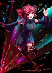  1girl absurdres ahoge armpits artist_name bare_shoulders black_shirt black_sleeves blush boots breast_pocket breasts broken_glass commentary detached_sleeves drill_hair english_commentary glass highres kasane_teto kasane_teto_(utau) looking_at_viewer medium_breasts number_tattoo open_mouth pleated_skirt pocket red_eyes red_hair red_trim shirt shoulder_tattoo signature skirt sleeveless sleeveless_shirt smile solo switch_cato tattoo teeth thigh_boots twin_drills upper_teeth_only utau wide_sleeves wing_collar zettai_ryouiki 