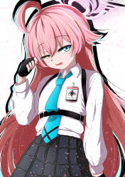  1girl absurdres ahoge black_gloves black_skirt blue_archive blue_necktie chest_harness citronroll collared_shirt commentary_request dress_shirt drop_shadow fang fingerless_gloves gloves hair_between_eyes halo hand_up harness heterochromia highres hoshino_(blue_archive) id_card light_blush long_hair long_sleeves looking_at_viewer necktie open_mouth pink_hair pink_halo plaid_clothes plaid_skirt puffy_long_sleeves puffy_sleeves shirt skin_fang skirt sleeve_cuffs smile solo upper_body very_long_hair white_background white_shirt yellow_eyes 