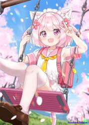  1girl absurdres animal_ears backpack bag cat_ears cherry_blossoms commentary_request flower hazakura_hinata highres hinata_(hazakura_hinata) original paid_reward_available pink_eyes pink_hair sailor_collar school_uniform serafuku skirt smile solo swing tail thigh-highs v white_thighhighs 