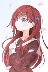 1girl blue_eyes blush brown_hair cat_hair_ornament closed_mouth commentary_request dappled_sunlight dress falling_petals hair_ornament hasu_no_sora_school_uniform highres kinjou_maika link!_like!_love_live! looking_ahead love_live! matsurugi_tsukasa neckerchief petals pink_petals red_hair red_neckerchief sailor_collar sailor_dress school_uniform smile solo sunlight upper_body white_sailor_collar winter_uniform 
