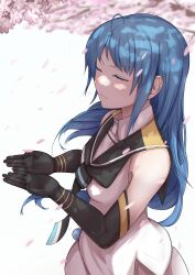  1girl absurdres ahoge black_neckerchief black_sailor_collar blue_hair breasts cherry_blossoms closed_eyes commentary_request elbow_gloves gloves highres kantai_collection long_hair neckerchief onozuka_yuruo sailor_collar samidare_(kancolle) school_uniform serafuku shirt sidelocks sleeveless sleeveless_shirt small_breasts solo swept_bangs very_long_hair white_serafuku 
