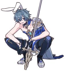  1boy animal_ears bishounen blue_hair blue_leotard collarbone commentary_request genshin_impact holding holding_polearm holding_weapon leotard lohen_(genshin_impact) looking_at_viewer male_focus male_playboy_bunny open_mouth polearm rabbit_boy rabbit_ears rabbit_tail red_eyes smile solo spear squatting tail tonamido_zzz weapon 