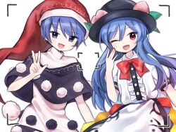  2girls :3 :d ;d antinomy_of_common_flowers black_capelet blue_eyes blue_hair blush bow bowtie capelet collared_shirt commentary_request crosshair doremy_sweet dress food fruit fruit_hat_ornament hat hinanawi_tenshi laughing looking_at_viewer multiple_girls nightcap object_on_head one_eye_closed open_mouth peach pom_pom_(clothes) red_eyes shirt smile soooooook2 touhou v viewfinder w 