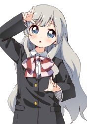  1girl :o akebi-chan_no_serafuku arm_up black_jacket blazer blue_eyes blush bow bowtie buttons collared_shirt commentary_request dot_nose grey_hair haru_(konomi_150) highres hiraiwa_hotaru jacket layered_sleeves long_hair long_sleeves looking_at_viewer open_mouth red_bow red_bowtie school_uniform shirt simple_background solo striped_bow striped_bowtie striped_clothes upper_body white_background white_shirt 
