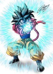  1boy aura black_hair blue_sash body_fur dougi dragon_ball dragon_ball_gt energy_ball highres incoming_attack kamehameha_(dragon_ball) long_hair looking_at_viewer male_focus monkey_boy monkey_tail muscular muscular_male no_nipples open_mouth pants pectorals red_fur saiyan sash shinzeno solo son_goku spiky_hair super_saiyan super_saiyan_4 tail teeth yellow_pants 