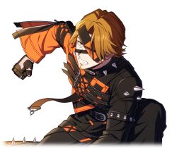  1boy black_gloves black_jacket black_pants brown_eyes brown_hair clenched_hand clenched_teeth collar eyepatch facial_hair fingerless_gloves game_cg gloves goatee happy_elements helios_rising_heroes jacket jay_kidman looking_at_viewer male_focus non-web_source official_alternate_costume official_art on_one_knee pants solo spikes teeth transparent_background 