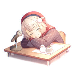  1girl =_= apple_(zdj0266) beret bird black_shirt blonde_hair blunt_bangs chair choco_(shigure_ui_(vtuber)) collar commentary crossed_arms desk dot_nose hair_ornament hair_rings hat head_on_arm highres indie_virtual_youtuber java_sparrow long_sleeves microphone microphone_stand paper pom_pom_(clothes) pom_pom_hair_ornament red_collar red_hat red_sailor_collar sailor_collar school_chair school_desk shigure_ui_(vtuber) shirt short_hair sitting sleeping smile striped_clothes striped_shirt toro_(shigure_ui_(vtuber)) two-tone_hat vertical-striped_clothes vertical-striped_shirt virtual_youtuber white_background white_java_sparrow 