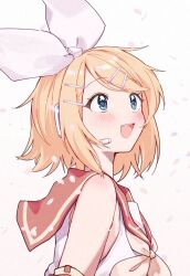  1girl :d alt_text black_sailor_collar blonde_hair blue_eyes blush bow commentary_request detached_sleeves falling_petals from_side hair_bow hair_ornament hairclip headphones headset highres kagamine_rin mani_(manidrawings) medium_hair neckerchief open_mouth parallel_hairclips parted_bangs petals pink_petals sailor_collar shirt sidelocks simple_background sleeveless sleeveless_shirt smile solo upper_body vocaloid white_background white_bow white_shirt yellow_neckerchief 