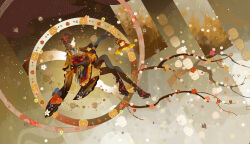 1girl absurdres black_gloves black_pantyhose blonde_hair branch brown_hair chinese_commentary chiori_(genshin_impact) choker commentary_request drill_hair drill_ponytail floral_print floral_print_kimono flower full_body genshin_impact gloves grey_kimono hair_ornament hair_stick heel-less_heels highres holding holding_scissors japanese_clothes kimono long_hair pantyhose pink_flower print_kimono red_eyes red_flower ribbon_choker scissors short_kimono skirt solo white_flower yellow_kimono yellow_skirt zizi_chuanchuan_wu_qiongjin_ye 