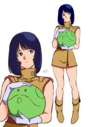  1girl aeug belt black_hair blue_eyes boots commentary_request dress fa_yuiry gloves gundam haro highres holding medium_hair military_uniform pgmajimaji science_fiction simple_background sleeveless white_background white_gloves zeta_gundam 