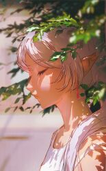  1girl absurdres blurry blurry_background chinese_commentary closed_mouth commentary_request earrings elf frieren from_side highres jewelry light_particles long_hair long_pointy_ears narcisco parted_bangs plant pointy_ears portrait profile solo sousou_no_frieren tank_top teardrop_earrings white_hair white_tank_top 