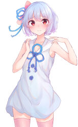 1girl aho_whale alternate_hair_length_(shorter) bare_arms bare_shoulders blue_dress blue_hair blue_ribbon blush closed_mouth commentary_request cowboy_shot dress hair_ribbon hands_up highres kotonoha_aoi looking_at_viewer neck_ribbon pink_thighhighs red_eyes ribbon short_dress short_hair simple_background sleeveless sleeveless_dress solo thigh-highs voiceroid white_background zettai_ryouiki 
