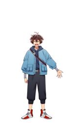  1boy :d ^_^ arms_at_sides black_pants blue_hoodie blue_jacket brown_hair buttons capri_pants closed_eyes commentary_request drawstring full_body hair_between_eyes highres hood hood_down hoodie invisible_floor jacket layered_sleeves long_sleeves male_focus megami_"isekai_tensei_nani_ni_naritai_desu_ka"_ore_"yuusha_no_rokkotsu_de" no_socks official_art open_clothes open_hand open_jacket open_mouth ore_(yuusha_no_rokkotsu_de) pants pocket red_shoes shoes shoulder_strap sidelocks simple_background sleeves_past_wrists smile sneakers solo standing straight-on tachi-e teeth transparent_background upper_teeth_only 