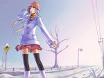  blue_hair boots coat foge footprints hand_on_head hat headphones highres lamppost original perspective power_lines road_sign scarf short_hair sign skirt snow snowing street thigh-highs thighhighs tree winter winter_clothes zettai_ryouiki 