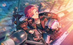  1boy belt black_gloves blue_eyes chain chain_necklace dino_albani earrings fingerless_gloves game_cg gloves happy_elements helios_rising_heroes helmet highres holding holding_unworn_helmet jacket jewelry leather leather_jacket long_sleeves male_focus motor_vehicle motorcycle motorcycle_helmet necklace non-web_source official_art on_motorcycle open_clothes open_jacket outdoors pants pink_hair shirt short_hair smile solo unworn_headwear unworn_helmet 