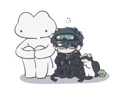  1boy 1other black_coat black_hair cat chibi chibi_only coat earrings frog goggles goggles_on_headwear green_eyes half-closed_eyes jewelry male_focus necklace pearl_hair_ornament pearl_necklace robjorim robo_frostor simple_background sitting skoshism stud_earrings thinking virtual_youtuber white_background 