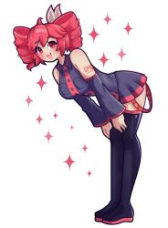  1girl :d ahoge bare_shoulders black_shirt black_skirt black_sleeves black_thighhighs boots collared_shirt commentary detached_sleeves drill_hair full_body highres kasane_teto kasane_teto_(utau) leaning_forward long_sleeves looking_at_viewer misoramen number_tattoo open_mouth red_eyes red_hair shirt simple_background skirt sleeveless sleeveless_shirt smile solo standing star_(symbol) tattoo thigh-highs thigh_boots twin_drills untranslatable_commentary utau white_background 