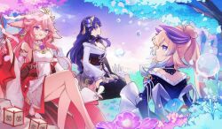  3girls bad_id bad_twitter_id braid bubble cherry_blossoms emmikn gem genshin_impact highres japanese_clothes looking_at_viewer looking_up multiple_girls open_mouth pearl_(gemstone) pink_hair ponytail purple_hair raiden_shogun sangonomiya_kokomi seashell shell sitting tree violet_eyes yae_miko 