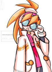  1girl absurdres blonde_hair ciel_(mega_man) coat coke-bottle_glasses cowboy_shot glasses highres lab_coat long_hair mega_man_(series) mega_man_zero_(series) pink_shirt pink_skirt rememberthesea request_inset round_eyewear shirt simple_background skirt solo white_background white_coat 