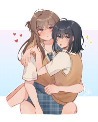  2girls absurdres ahoge animal_ears arm_around_neck black_hair blue_eyes blue_skirt brown_hair brown_sweater_vest cat_ears cat_girl closed_mouth collar collared_shirt commentary dog_ears dog_girl dog_tail highres kemonomimi_mode long_hair medium_hair miyagi_shiori multiple_girls paw_print piapie06 plaid_clothes plaid_skirt pleated_skirt sendai_hazuki shirt shuuniichido_classmate_wo_kau_hanashi sitting sitting_on_lap sitting_on_person skirt smile sweater_vest tail tongue tongue_out untranslatable_commentary violet_eyes white_shirt yuri 
