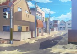  balcony blue_archive blue_sky building clouds cloudy_sky day door fence game_cg house lamppost no_humans no_parking_sign non-web_source official_art outdoors power_lines ring_of_light_(blue_archive) road road_sign rooftop sand scenery self-datamine shadow sign sky street tile_floor tiles traffic_light utility_pole window 