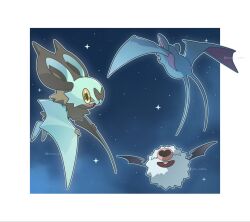  alternate_color bat_(animal) commentary_request fangs flying heart-shaped_nose highres large_ears muru_zatta night no_humans noibat open_mouth pokemon pokemon_(creature) pokemon_focus shiny_pokemon sky smile star_(sky) starry_sky wings woobat yellow_eyes zubat 