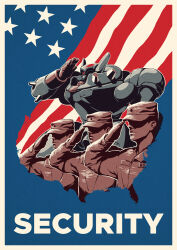  3boys american_flag american_flag_background anton_savinov blue_background border commentary corel_painter_(medium) cropped_torso english_commentary english_text field_cap film_grain flag_background hat jacket limited_palette mecha metal_wolf metal_wolf_chaos military_hat military_jacket military_uniform multiple_boys official_art one-eyed patriotism photoshop_(medium) promotional_art red_eyes robot salute serious shade soldier united_states_army yellow_border 