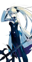  1girl 9dog_game absurdres black_bow blue_choker blue_eyes bow braid choker commentary fate/grand_order fate_(series) hair_between_eyes hair_bow half_up_braid highres holding holding_polearm holding_weapon long_hair long_sleeves morgan_le_fay_(fate) morgan_le_fay_(first_ascension)_(fate) polearm ponytail simple_background solo untranslatable_commentary very_long_hair weapon white_background white_hair 
