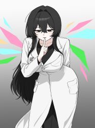 1girl black_eyes black_hair black_pants black_shirt breasts coat commentary_request genderswap genderswap_(mtf) gradient_background hair_between_eyes highres index_finger_raised korean_commentary lab_coat large_breasts limbus_company long_hair n00xx2 name_tag pants project_moon sang_yi_(project_moon) shirt solo white_coat wings 