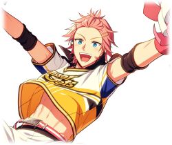  1boy :d bangs_pinned_back belt blue_eyes collared_shirt dino_albani elbow_pads game_cg happy_elements helios_rising_heroes male_focus navel non-web_source official_art open_mouth pants pink_belt pink_hair pom_pom_(cheerleading) print_shirt shirt short_hair short_sleeves smile solo sportswear sweat teeth transparent_background undershirt upper_teeth_only white_pants yellow_shirt 