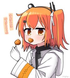  1girl a.i._voice adachi_rei chicken_(food) commentary eating food food_in_mouth fried_chicken gloves hair_ornament hair_ribbon hairclip headphones highres hood hood_down hooded_jacket jacket long_sleeves medium_hair one_side_up orange_eyes orange_hair ribbon solo translation_request turtleneck upper_body utau zenyory 