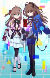  2girls absurdres ahoge animal_ears bare_shoulders black_boots black_bow black_bowtie black_choker black_gloves black_tail blue_eyes blue_jacket blue_ribbon boots bow bowtie braid broken_heart_print brown_hair buckle cat_ears choker closed_mouth commentary dress dress_bow energy_sword evil_neuro-sama evil_neuro-sama_(cyberpunk_knight) false_qa fingerless_gloves full_body gloves hair_between_eyes hair_ornament hair_ribbon heart heart_hair_ornament high_ponytail highres holding holding_own_dress holding_sword holding_weapon jacket layered_dress long_hair long_sleeves looking_at_viewer multiple_girls neuro-sama neuro-sama_(cyberpunk_princess) off-shoulder_dress off_shoulder official_alternate_costume pleated_dress ponytail red_eyes red_ribbon ribbon siblings sisters sleeve_bow smile snap-fit_buckle standing sword tank_top techwear twins two_side_up vedal_ai very_long_hair weapon white_boots white_dress white_tank_top zipper_dress 