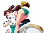  90s ass battle_athletes bicycle brown_hair kanzaki_akari long_hair low-tied_long_hair open_mouth simple_background solo white_background wrist_cuffs 