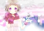  absurdres blush brown_hair child cityscape dress face highres looking_at_viewer original purple_eyes scarf shiro_(octet) short_hair snow snowing solo violet_eyes 