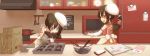  baking black_hair blue_eyes brown_eyes cookie_cutter cookie_cutters cooking hat highres kitchen koyuki.a mouth_hold multiple_girls pastry_bag ponytail seal_online sleeves_pushed_up 