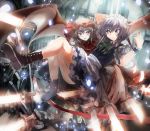  2girls bat_wings blue_eyes braid carrying hat izayoi_sakuya knife maid maid_headdress multiple_girls princess_carry red_eyes remilia_scarlet short_hair silver_hair throwing_knife touhou twin_braids ultimate_asuka weapon wings 