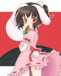  alternate_hairstyle animal_ears black_hair brown_hair bunny_ears bunny_tail carrot crossed_arms food inaba_tewi kotomi_(artist) kotomi_(happy_colors) mouth_hold panties pantyshot pantyshot_(standing) ponytail red_eyes short_hair solo standing tail touhou underwear 