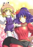  absurdres aku_(dejigiga) blonde_hair blush blush_stickers breasts hat headband highres leaf mirror moriya_suwako multiple_girls purple_hair shimenawa short_hair smile thigh-highs thighhighs touhou white_legwear yasaka_kanako yellow_eyes 